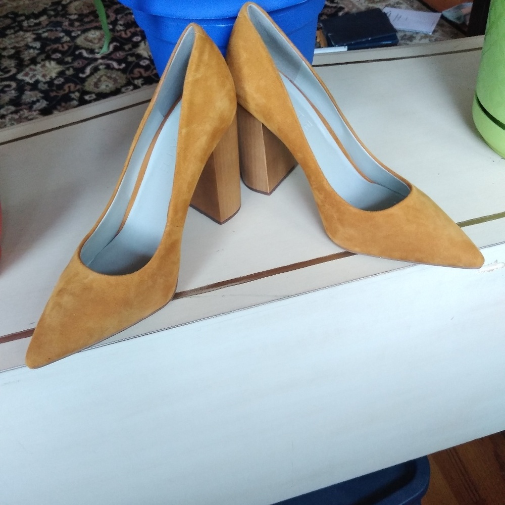 1.State Valencia Gold Suede Block Heels